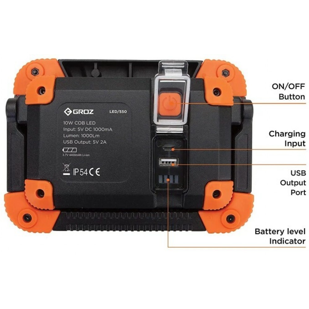 Прожектор акумуляторний LED-560, 20W COB, 2000 люмен Groz 55047 - фото 3 Прожектор акумуляторний LED-560, 20W COB, 2000 люмен Groz 55047 - фото 3