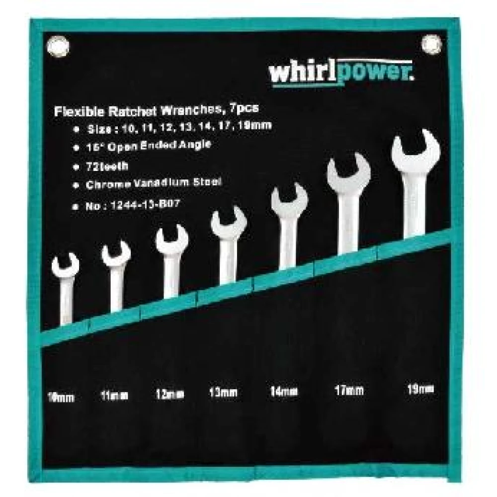 Набір тріскачкових ключів Whirlpower 10-19 мм, 7 шт з карданом Набір тріскачкових ключів Whirlpower 10-19 мм, 7 шт з карданом