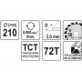 Диск пильний по алюмінію YATO 210 х 30 х 3.0 x 2.2 мм 72 зубці R.P.M до 8000 1/хв - фото 3