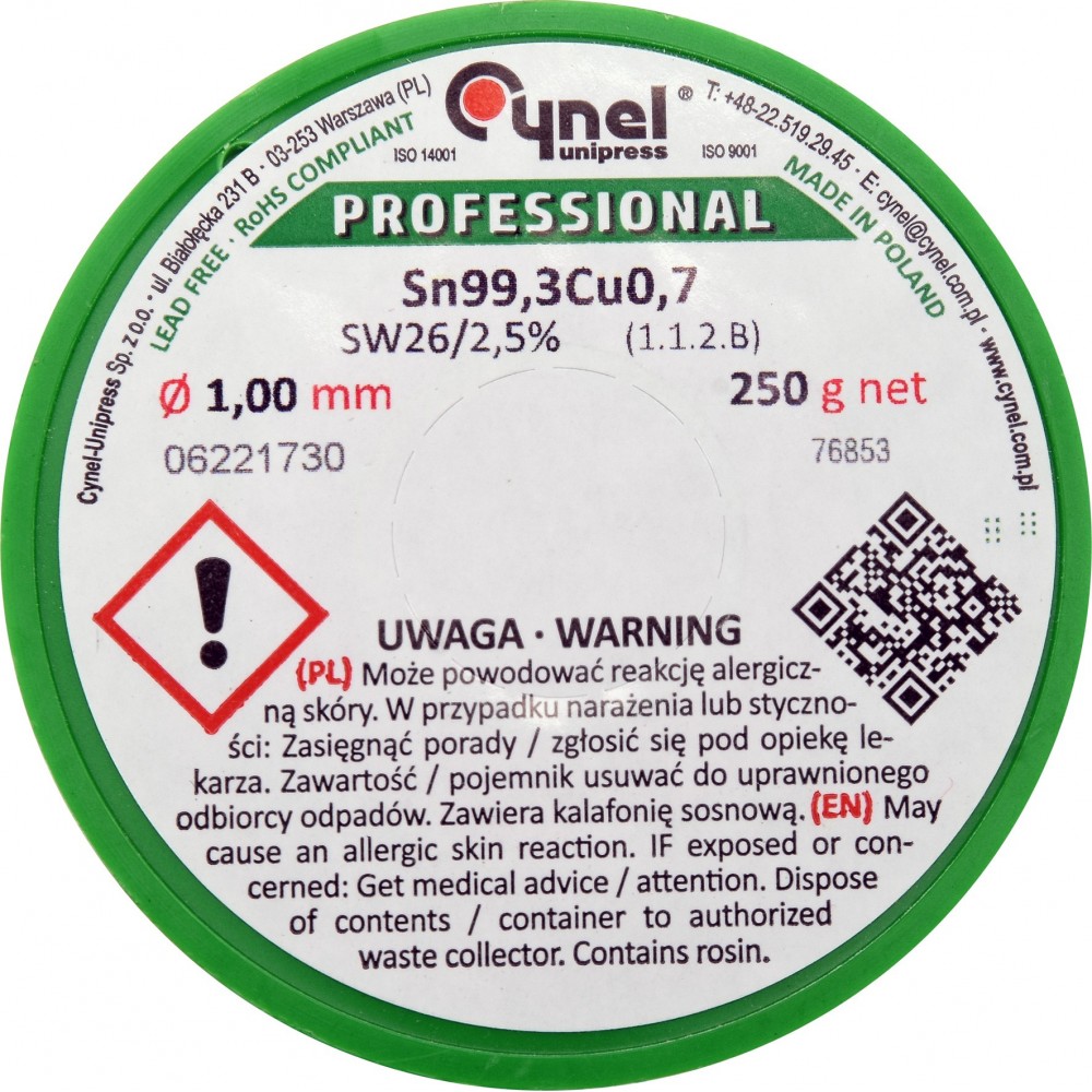 Припій без свинцю CYNEL, : Ø1 мм, Sn99,3-Cu0,7 дротяний на котушці з флюсом 250 г - фото 1 Припій без свинцю CYNEL, : Ø1 мм, Sn99,3-Cu0,7 дротяний на котушці з флюсом 250 г - фото 1