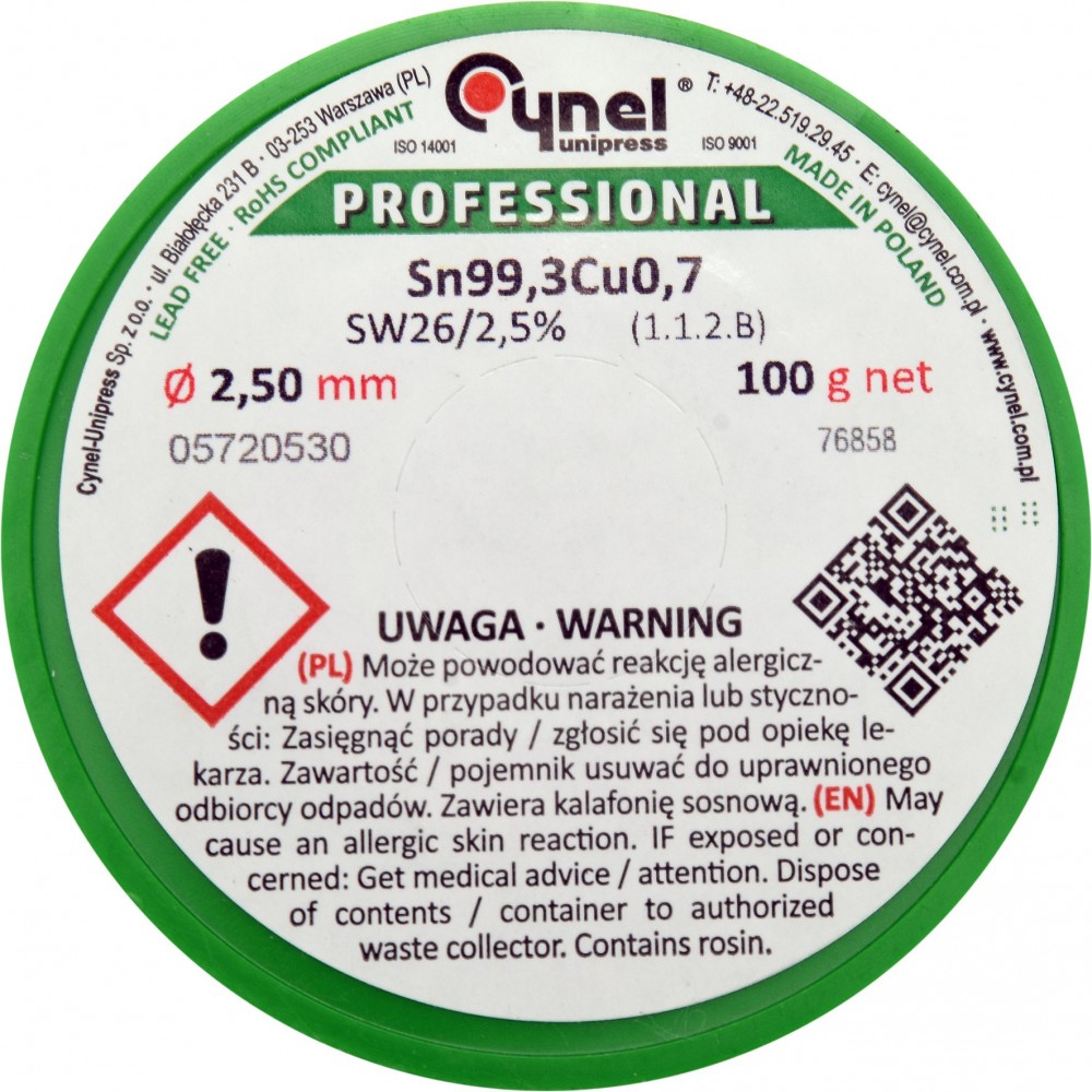 Припій без свинцю CYNEL, Ø2,5 мм, Sn99,3-Cu0,7 дротяний на котушці з флюсом 100 г - фото 1 Припій без свинцю CYNEL, Ø2,5 мм, Sn99,3-Cu0,7 дротяний на котушці з флюсом 100 г - фото 1