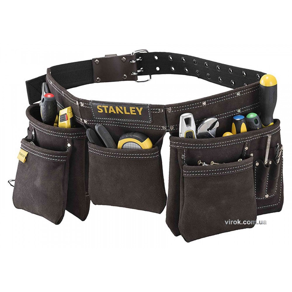 Пояс шкіряний з кишенями для інструментів STANLEY 4 великі 6 малих 2 тримачі для молотка і 1 для рулетки - фото 1 Пояс шкіряний з кишенями для інструментів STANLEY 4 великі 6 малих 2 тримачі для молотка і 1 для рулетки - фото 1