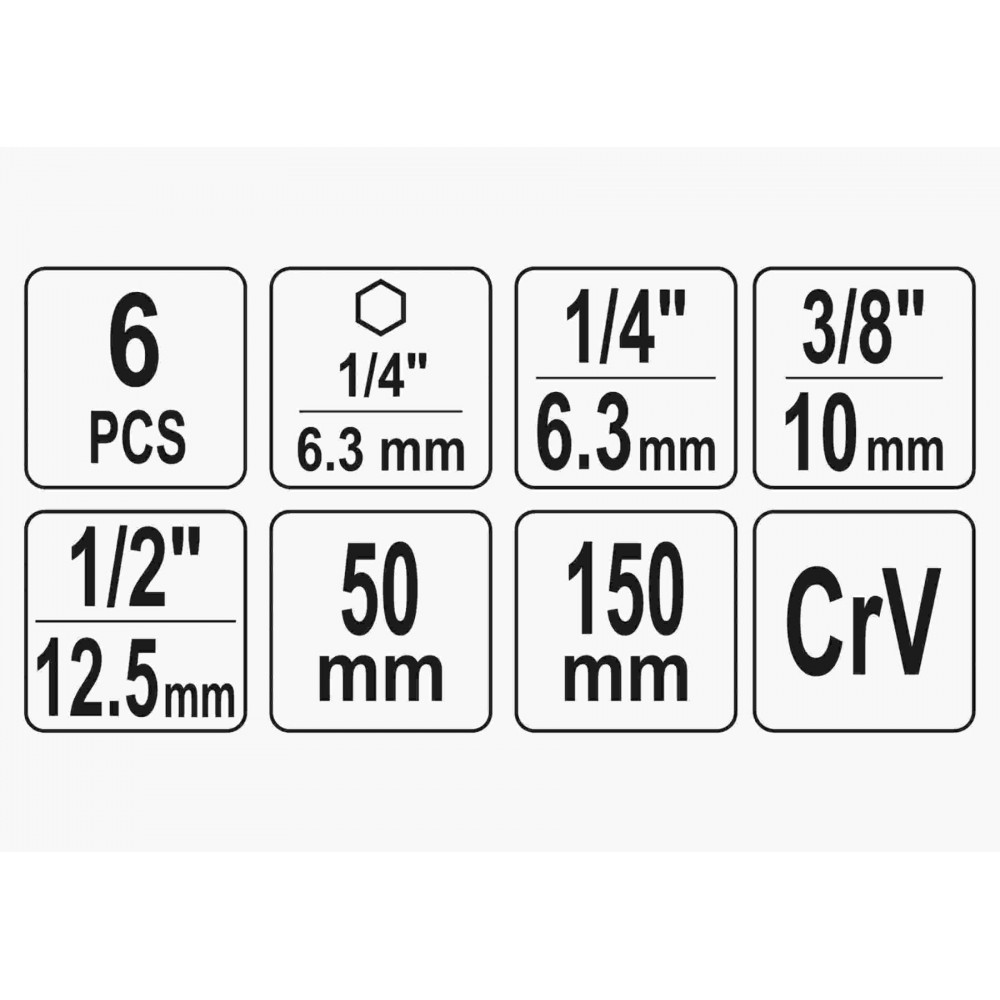 Тримачі-адаптери торцевих головок YATO 1/4" 3/8" 1/2" 50/150 мм HEX-1/4" 6 шт - фото 2 Тримачі-адаптери торцевих головок YATO 1/4" 3/8" 1/2" 50/150 мм HEX-1/4" 6 шт - фото 2
