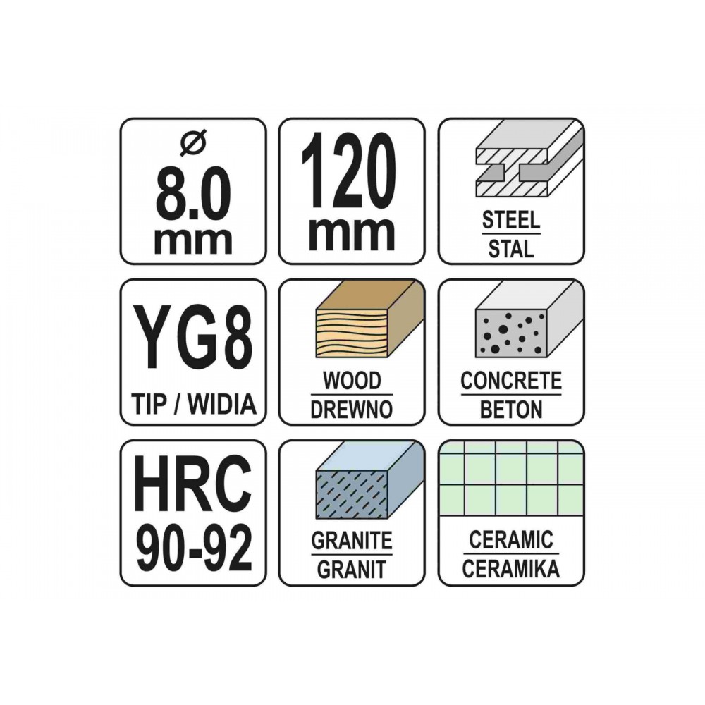 Свердло універсальне YATO 8 x 120 мм YG8 HRC 90-92 - фото 2 Свердло універсальне YATO 8 x 120 мм YG8 HRC 90-92 - фото 2