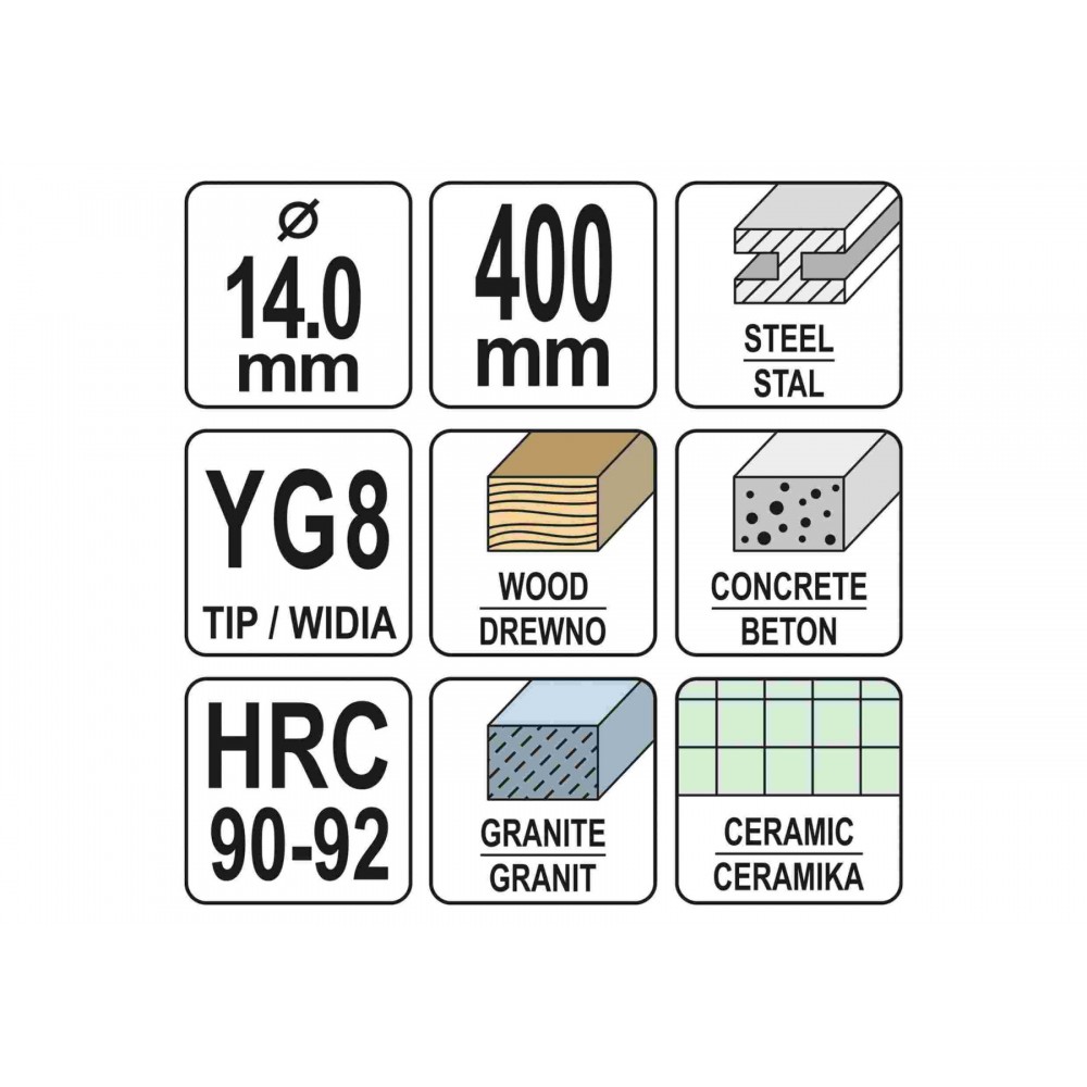 Свердло універсальне YATO 14 x 400 мм YG8 HRC 90-92 - фото 2 Свердло універсальне YATO 14 x 400 мм YG8 HRC 90-92 - фото 2