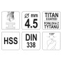 Свердло по металу титанове YATO 4.5 x 80/43 мм HSS-ТІN - фото 3