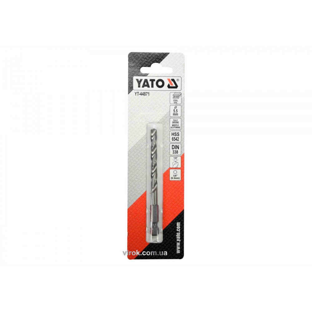 Свердло по металу YATO 5.5 x 93/57 мм HEX-1/4" HSS 6542 для нержавіючої конструктивної легованої сталі - фото 2 Свердло по металу YATO 5.5 x 93/57 мм HEX-1/4" HSS 6542 для нержавіючої конструктивної легованої сталі - фото 2