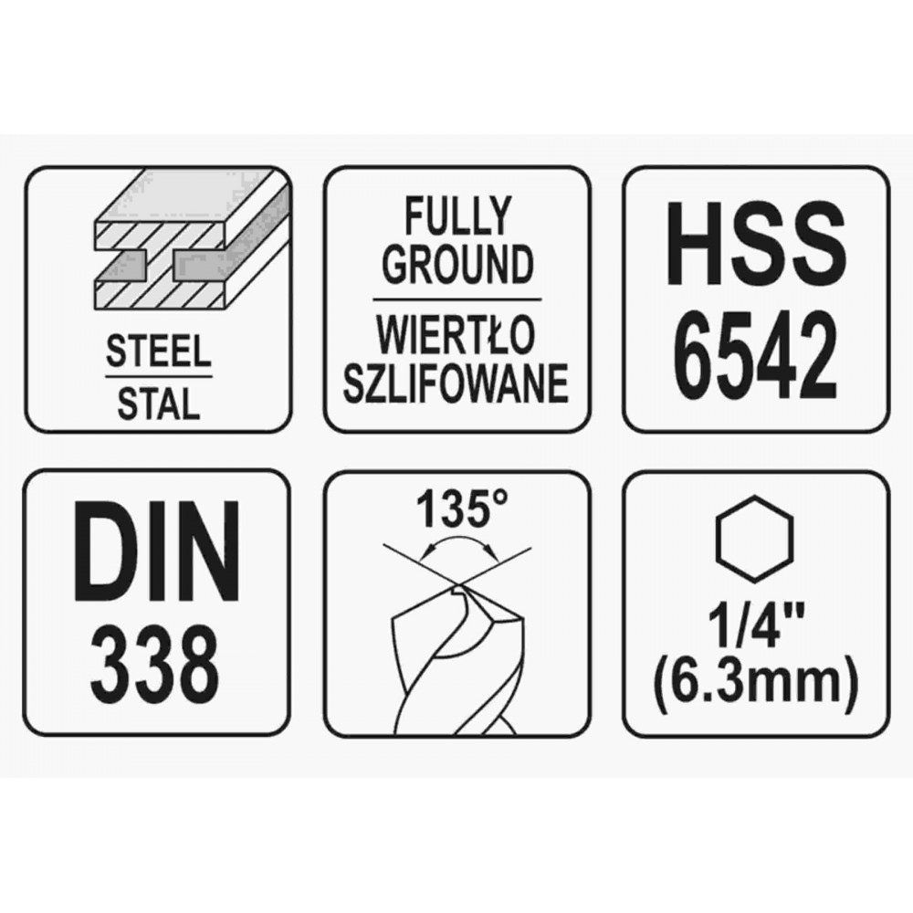 Свердло по металу YATO 5.5 x 93/57 мм HEX-1/4" HSS 6542 для нержавіючої конструктивної легованої сталі - фото 3 Свердло по металу YATO 5.5 x 93/57 мм HEX-1/4" HSS 6542 для нержавіючої конструктивної легованої сталі - фото 3