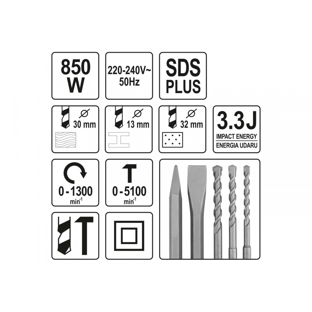 Перфоратор мережевий SDS+ YATO 850 Вт - фото 7 Перфоратор мережевий SDS+ YATO 850 Вт - фото 7