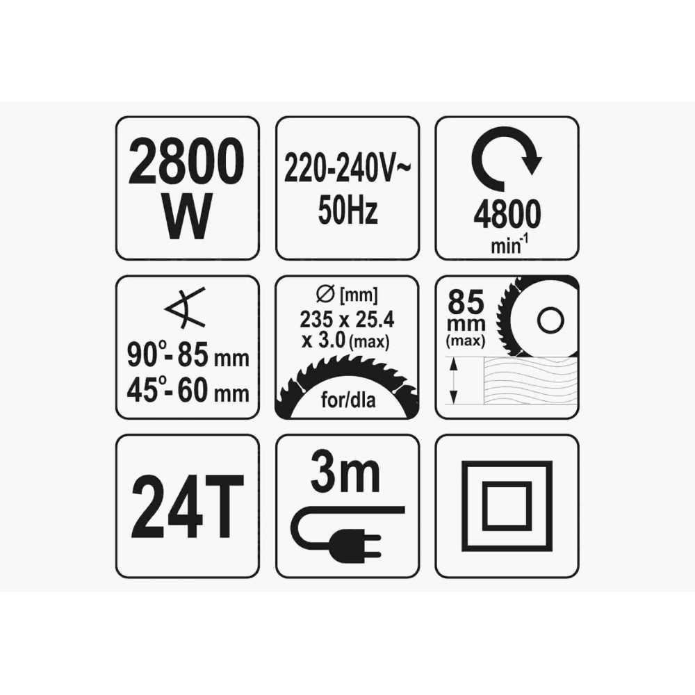 Пила дискова мережева YATO 2800 Вт диск 235 x 25.4 x 3 мм 0-45° 85 мм - фото 3 Пила дискова мережева YATO 2800 Вт диск 235 x 25.4 x 3 мм 0-45° 85 мм - фото 3