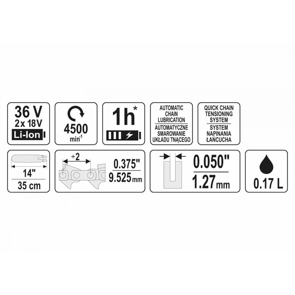 Пила ланцюгова акумуляторна YATO 36 В (2 x Li-Ion 18 В) 14"/35 см (БЕЗ АКУМУЛЯТОРА) - фото 2 Пила ланцюгова акумуляторна YATO 36 В (2 x Li-Ion 18 В) 14"/35 см (БЕЗ АКУМУЛЯТОРА) - фото 2