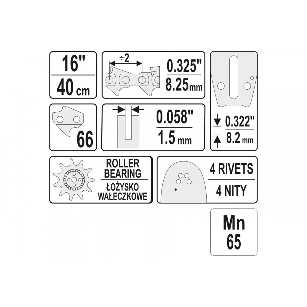 Шина направляюча ланцюгової пили YATO l= 16"/ 40 см (66 ланок) для ланцюгів YT-84942, YT-84963 - фото 2 Шина направляюча ланцюгової пили YATO l= 16"/ 40 см (66 ланок) для ланцюгів YT-84942, YT-84963 - фото 2