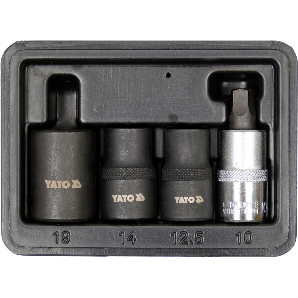 Головки 5-гранні для гальмівних супортів авто YATO: квадр-1/2", 12.5, 14, 19 мм біта- 10 мм, 4 шт - фото 2 Головки 5-гранні для гальмівних супортів авто YATO: квадр-1/2", 12.5, 14, 19 мм біта- 10 мм, 4 шт - фото 2