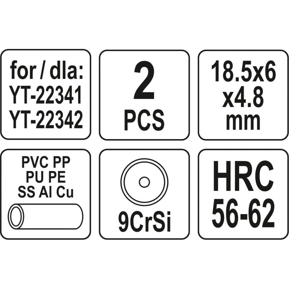 Різці дискові YATO Ø= 18,5/ 6 мм, t= 4,8 мм до труборізів YT-22341,-22342, 2 шт - фото 2 Різці дискові YATO Ø= 18,5/ 6 мм, t= 4,8 мм до труборізів YT-22341,-22342, 2 шт - фото 2