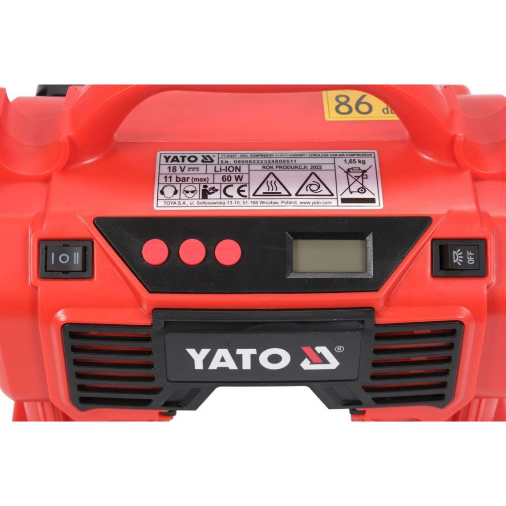 Компресор акумуляторний YATO Li-Ion 18 В, 3.0 AxГ, 60 Вт,тиск ≤ 11 Bar, подача повітря- 21 л/хв - фото 4 Компресор акумуляторний YATO Li-Ion 18 В, 3.0 AxГ, 60 Вт,тиск ≤ 11 Bar, подача повітря- 21 л/хв - фото 4