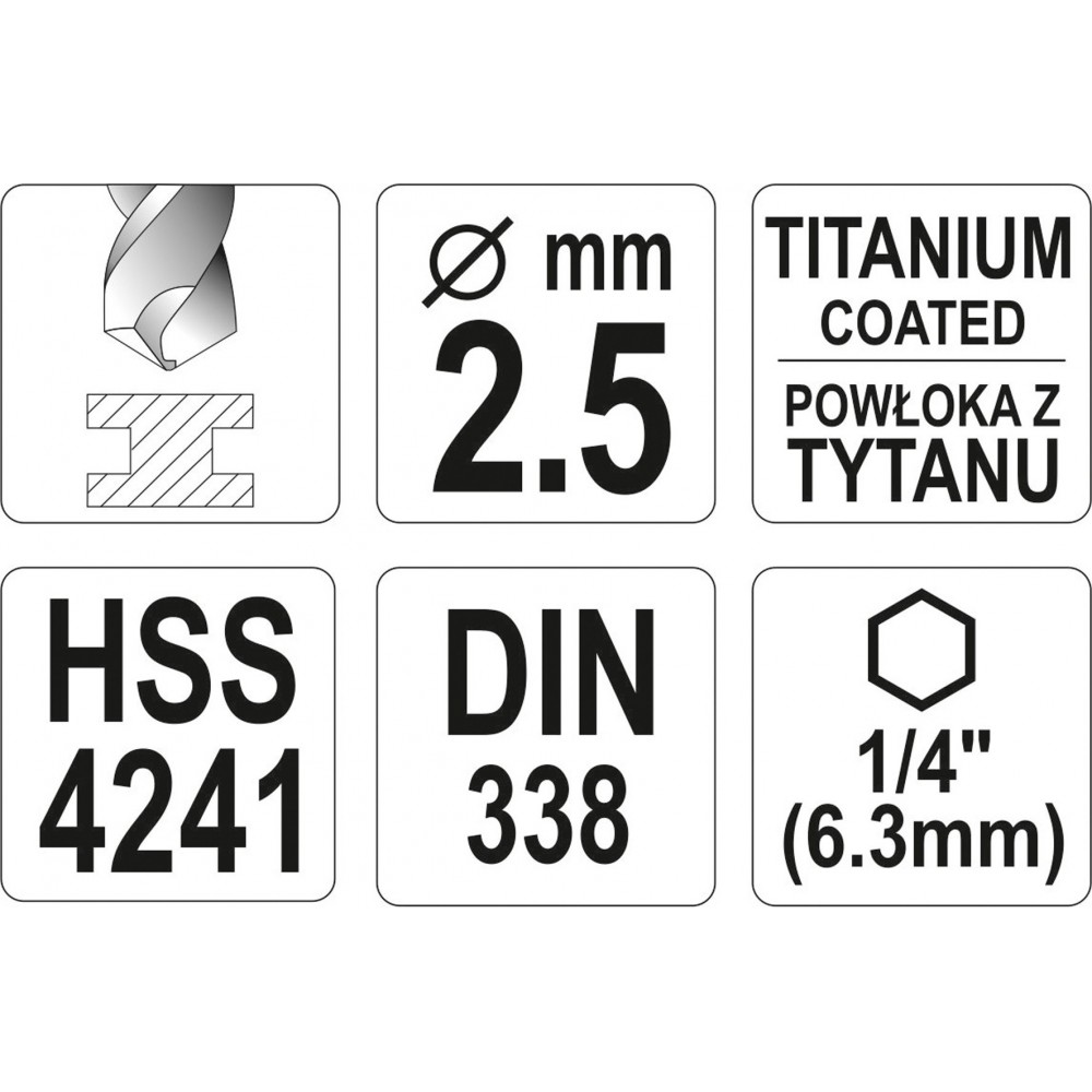 Свердло по металу з шестигранним хвостовиком 1/4" YATO HSS-TiN 2.5 х 80/30 мм - фото 3 Свердло по металу з шестигранним хвостовиком 1/4" YATO HSS-TiN 2.5 х 80/30 мм - фото 3