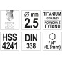Свердло по металу з шестигранним хвостовиком 1/4" YATO HSS-TiN 2.5 х 80/30 мм - фото 4 Свердло по металу з шестигранним хвостовиком 1/4" YATO HSS-TiN 2.5 х 80/30 мм - фото 4