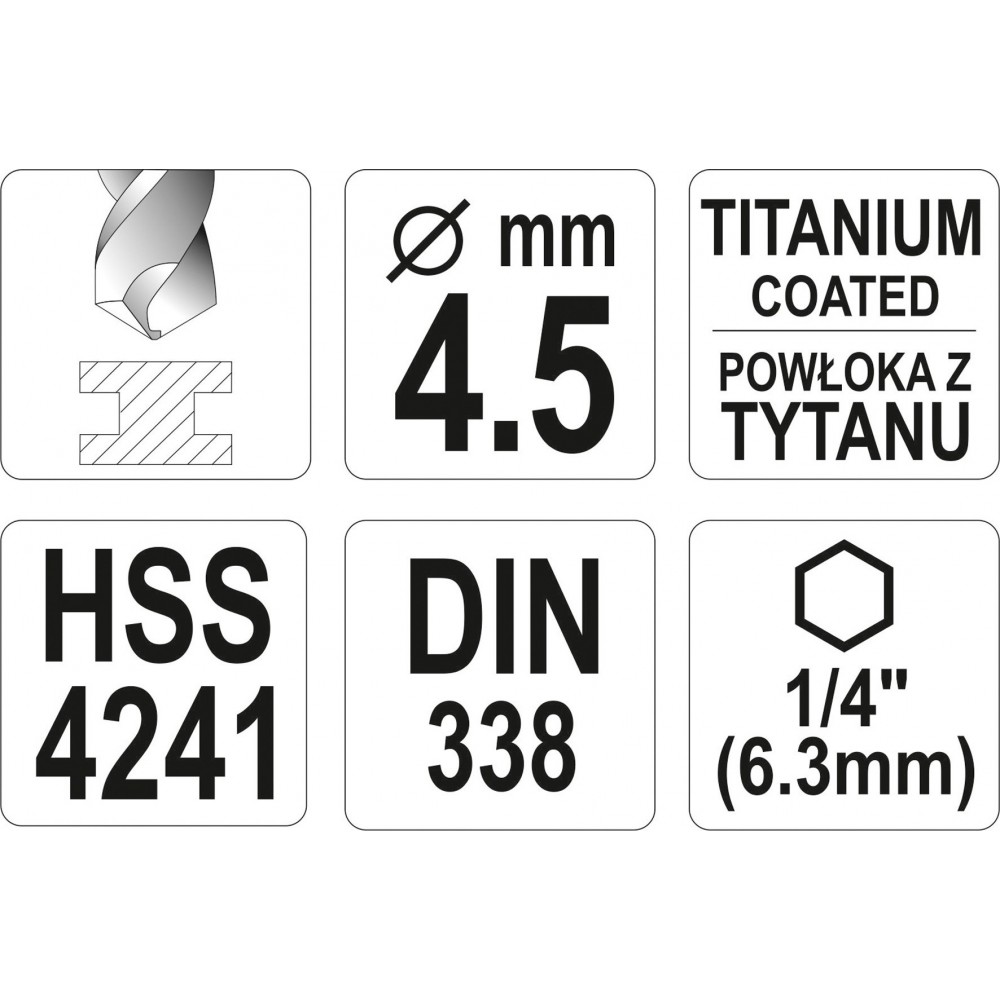 Свердло по металу з шестигранним хвостовиком 1/4" YATO HSS-TiN 4.5 х 100/47 мм - фото 3 Свердло по металу з шестигранним хвостовиком 1/4" YATO HSS-TiN 4.5 х 100/47 мм - фото 3
