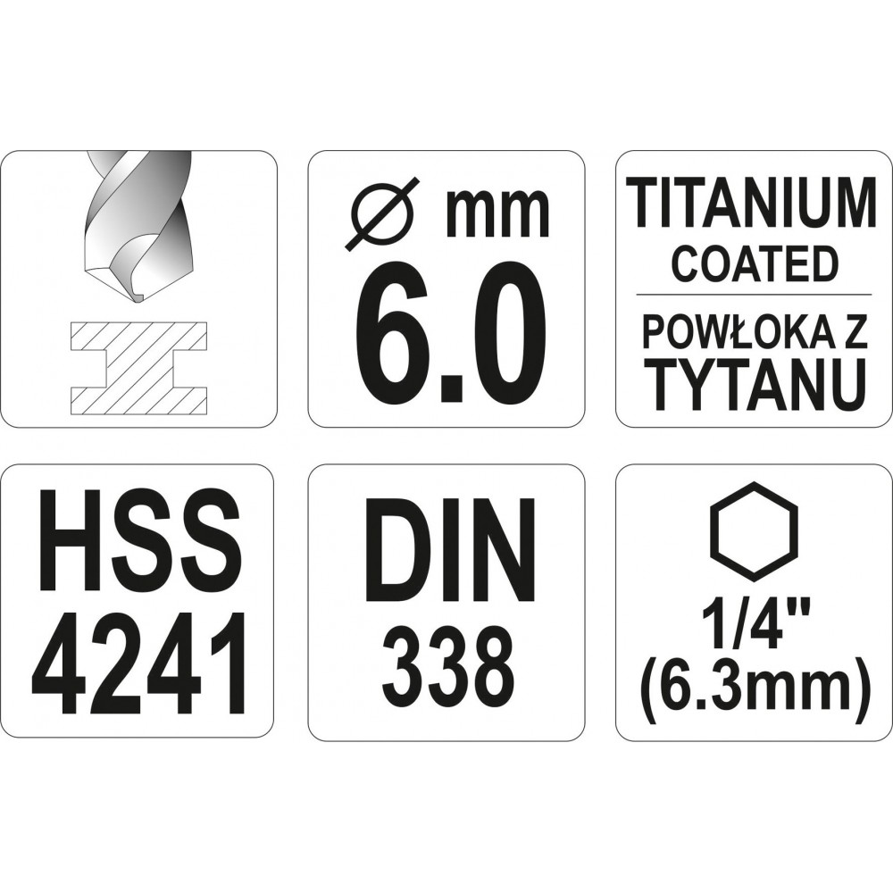 Свердло по металу з шестигранним хвостовиком 1/4" YATO HSS-TiN 6 х 113/57 мм - фото 3 Свердло по металу з шестигранним хвостовиком 1/4" YATO HSS-TiN 6 х 113/57 мм - фото 3