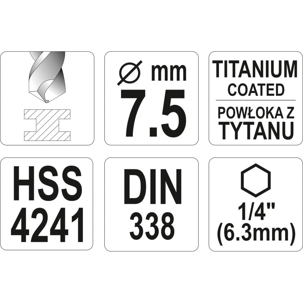Свердло по металу з шестигранним хвостовиком 1/4" YATO HSS-TiN 7.5 х 109/69 мм - фото 3 Свердло по металу з шестигранним хвостовиком 1/4" YATO HSS-TiN 7.5 х 109/69 мм - фото 3