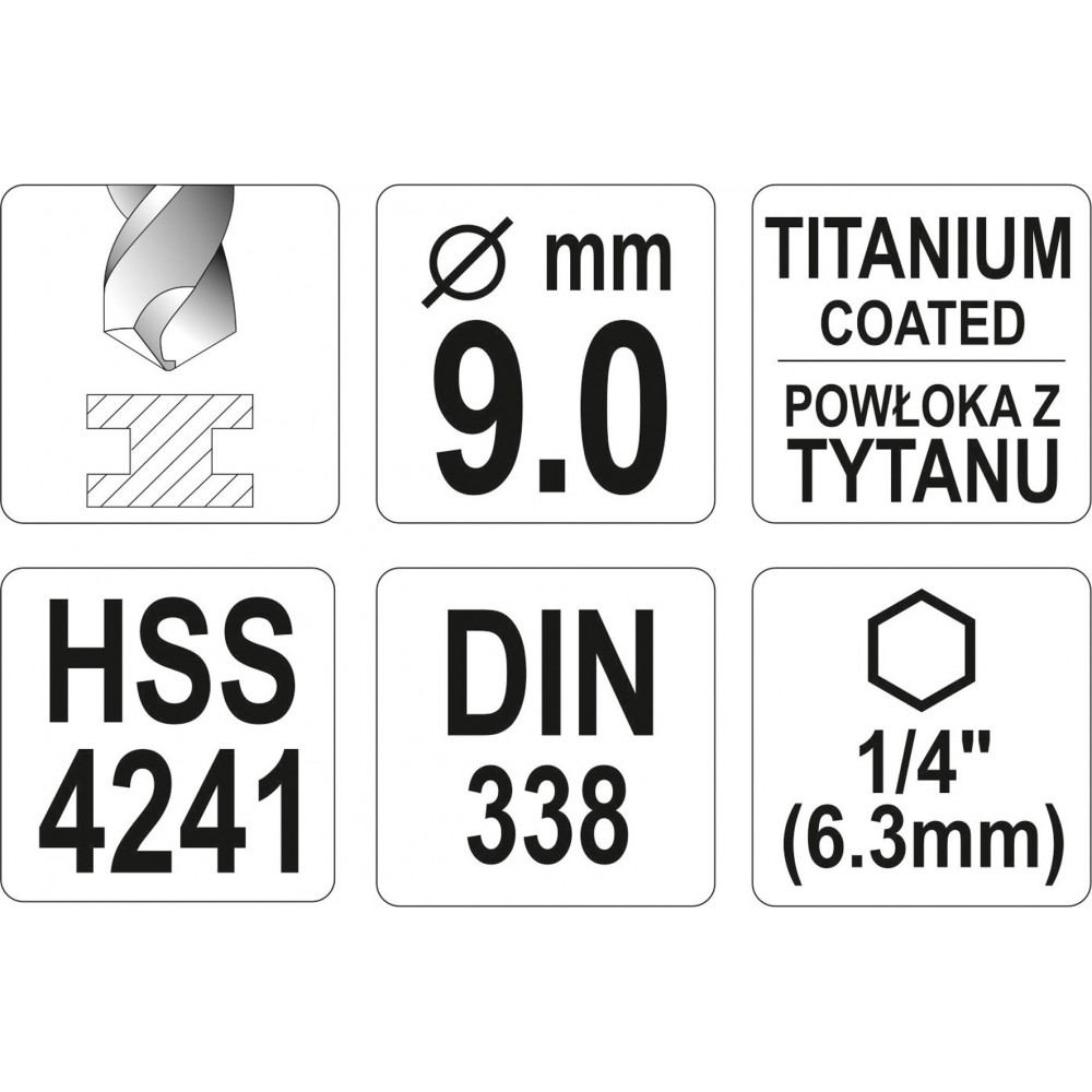 Свердло по металу з шестигранним хвостовиком 1/4" YATO HSS-TiN 9 х 125/81 мм - фото 3 Свердло по металу з шестигранним хвостовиком 1/4" YATO HSS-TiN 9 х 125/81 мм - фото 3