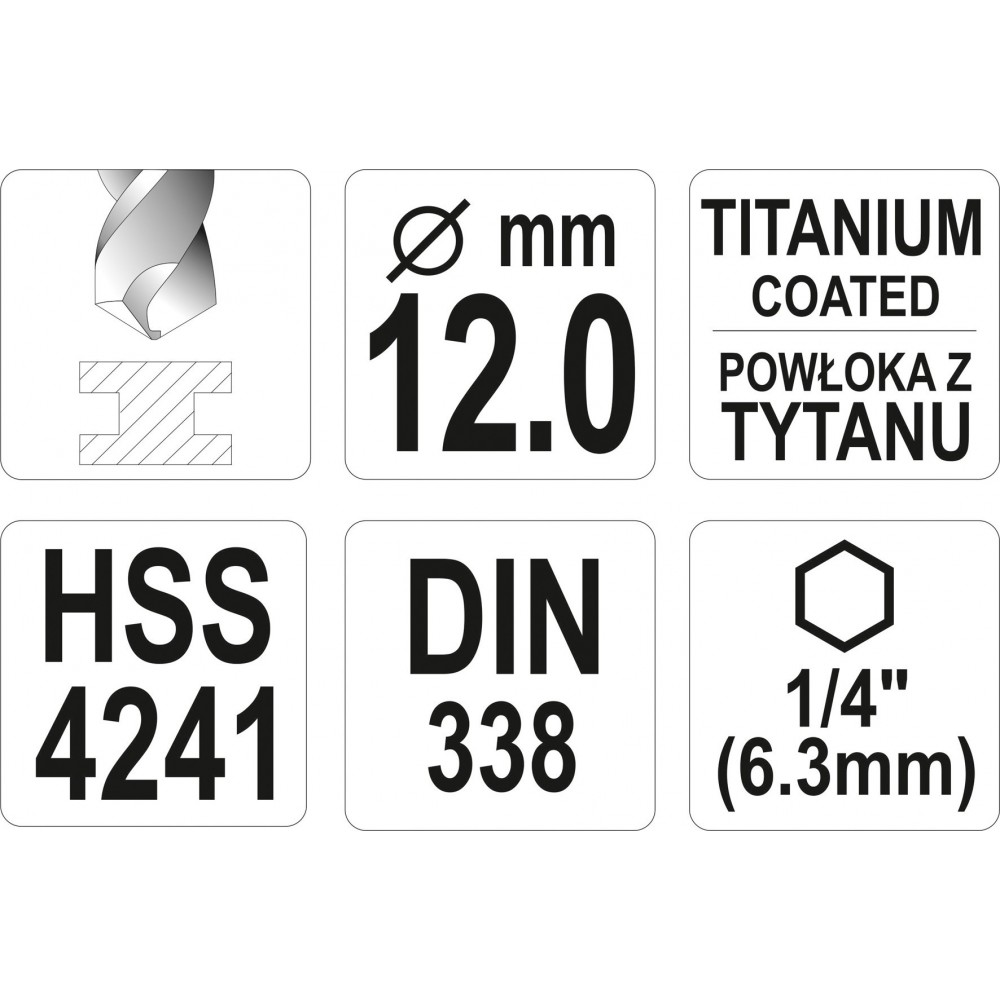 Свердло по металу з шестигранним хвостовиком 1/4" YATO HSS-TiN 12 х 151/101 мм - фото 3 Свердло по металу з шестигранним хвостовиком 1/4" YATO HSS-TiN 12 х 151/101 мм - фото 3