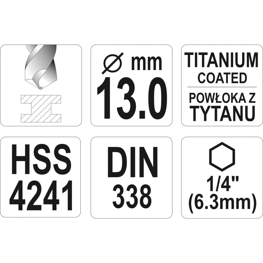 Свердло по металу з шестигранним хвостовиком 1/4" YATO HSS-TiN 13 х 151/101 мм - фото 3 Свердло по металу з шестигранним хвостовиком 1/4" YATO HSS-TiN 13 х 151/101 мм - фото 3