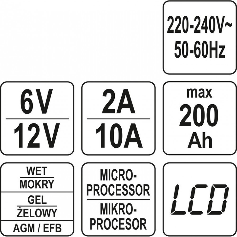 Зарядний прилад мережевий з LCD дисплеєм 230В YATO до акумуляторів 6V-2А 12V-10А, макс. 240AГод - фото 6 Зарядний прилад мережевий з LCD дисплеєм 230В YATO до акумуляторів 6V-2А 12V-10А, макс. 240AГод - фото 6